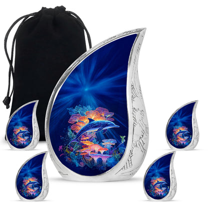 Calming Blue Dolphin Cremation Urn side profile showing urn shape - smooth teardrop contour featuring dolphin art - memorial set with one large and four small urns