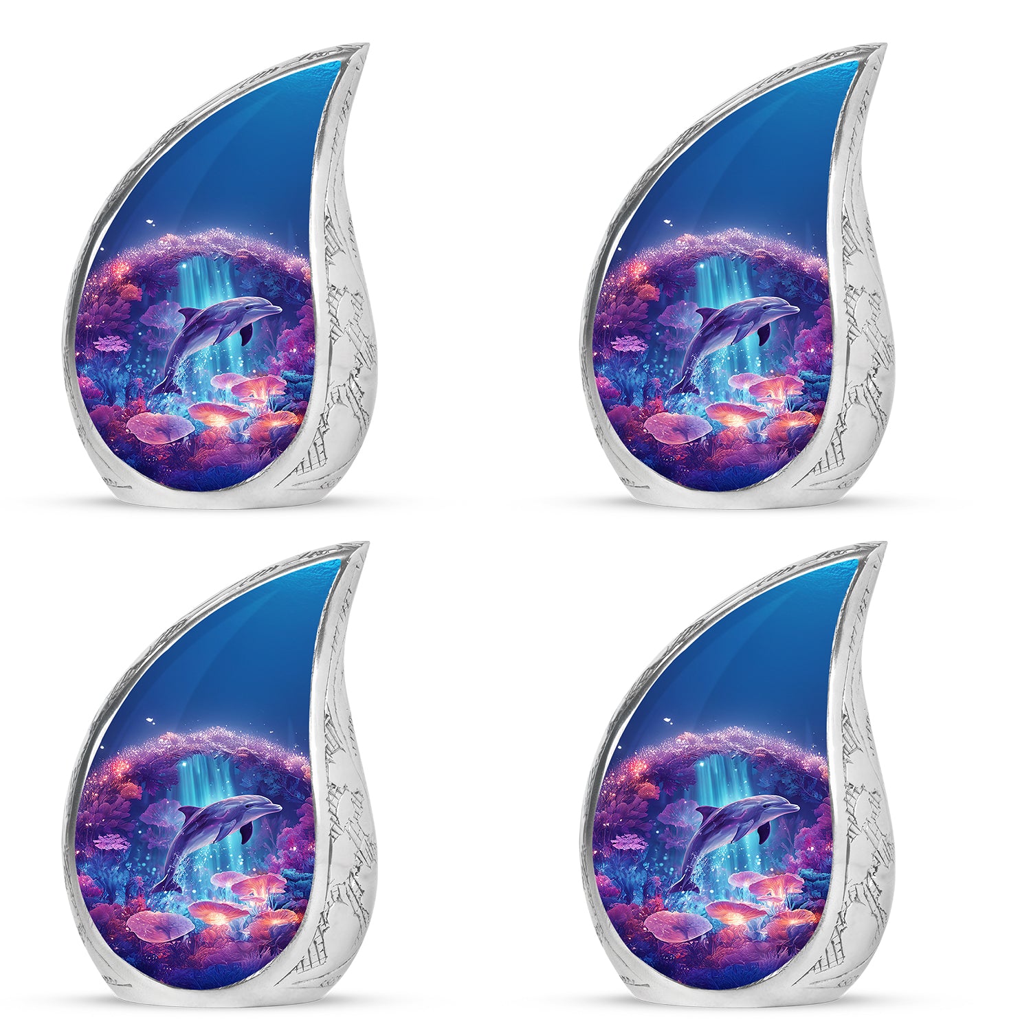 Slate Blue Dolphin Cremation Urn close-up of engraving and surface detail - flowing teardrop dolphin silhouette on curved aluminum - 10 inch aluminum urn for cremated remains