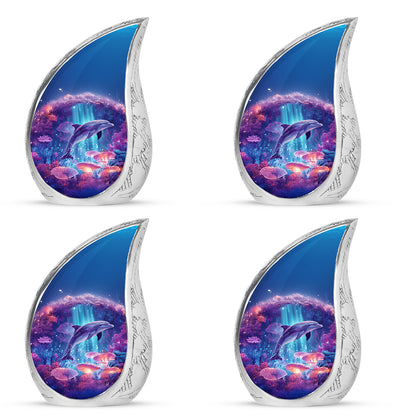 Slate Blue Dolphin Cremation Urn close-up of engraving and surface detail - flowing teardrop dolphin silhouette on curved aluminum - 10 inch aluminum urn for cremated remains