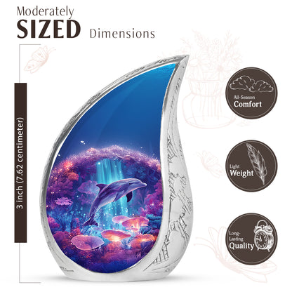 Azure Dolphin Cremation Urn angled view of lid and engraved motif - flowing teardrop dolphin silhouette on curved aluminum - mini keepsake memorial for portion of cremation ashes