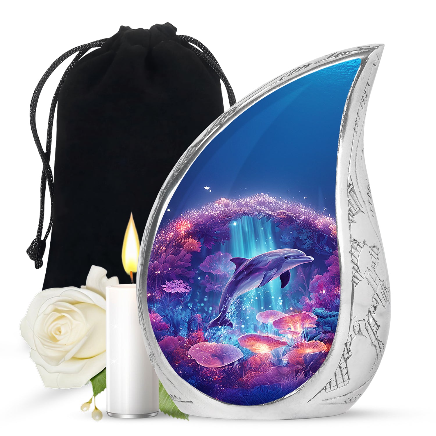Cornflower Blue Dolphin Cremation Urn front view showing detailed design - graceful tear-shaped urn with dolphin motif - full-size 10 inch 200 cubic inch adult cremation urn