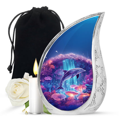 Cornflower Blue Dolphin Cremation Urn front view showing detailed design - graceful tear-shaped urn with dolphin motif - full-size 10 inch 200 cubic inch adult cremation urn