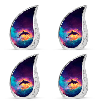 Plum Purple Dolphin Cremation Urn close-up of engraving and surface detail - flowing teardrop dolphin silhouette on curved aluminum - 10 inch aluminum urn for cremated remains