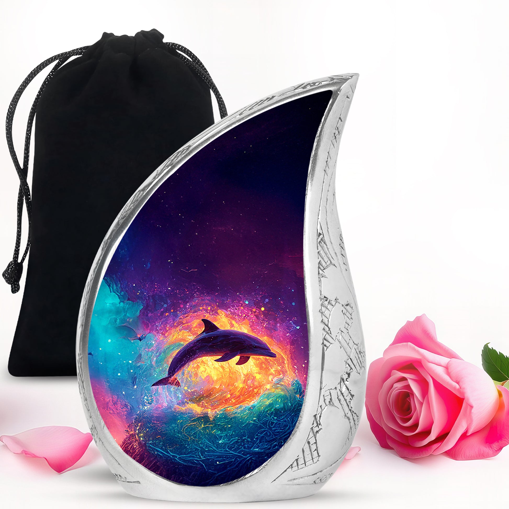 Violet Purple Dolphin Cremation Urn front view showing detailed design - graceful tear-shaped urn with dolphin motif - full-size 10 inch 200 cubic inch adult cremation urn