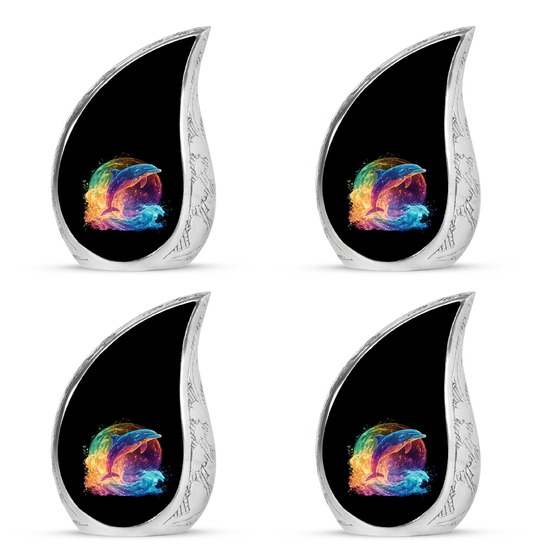 Deep Black Dolphin Cremation Urn close-up of engraving and surface detail - rounded teardrop dolphin design with delicate detail - 10 inch aluminum urn for cremated remains