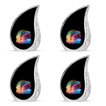Deep Black Dolphin Cremation Urn close-up of engraving and surface detail - rounded teardrop dolphin design with delicate detail - 10 inch aluminum urn for cremated remains