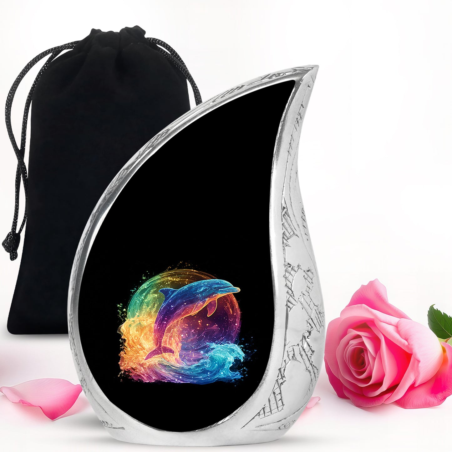 Ebony Dolphin Cremation Urn front view showing detailed design - rounded teardrop dolphin design with delicate detail - full-size 10 inch 200 cubic inch adult cremation urn
