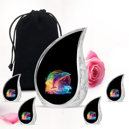 Midnight Black Dolphin Cremation Urn side profile showing urn shape - smooth teardrop contour featuring dolphin art - memorial set with one large and four small urns