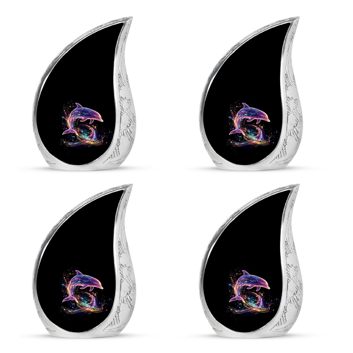 Onyx Black Dolphin Cremation Urn close-up of engraving and surface detail - smooth teardrop contour featuring dolphin art - 10 inch aluminum urn for cremated remains