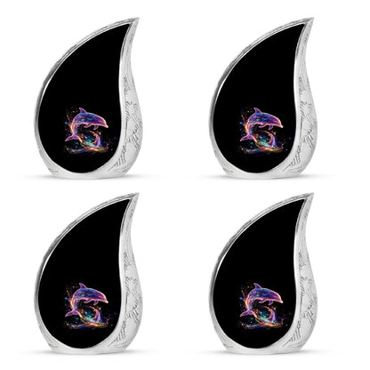 Onyx Black Dolphin Cremation Urn close-up of engraving and surface detail - smooth teardrop contour featuring dolphin art - 10 inch aluminum urn for cremated remains