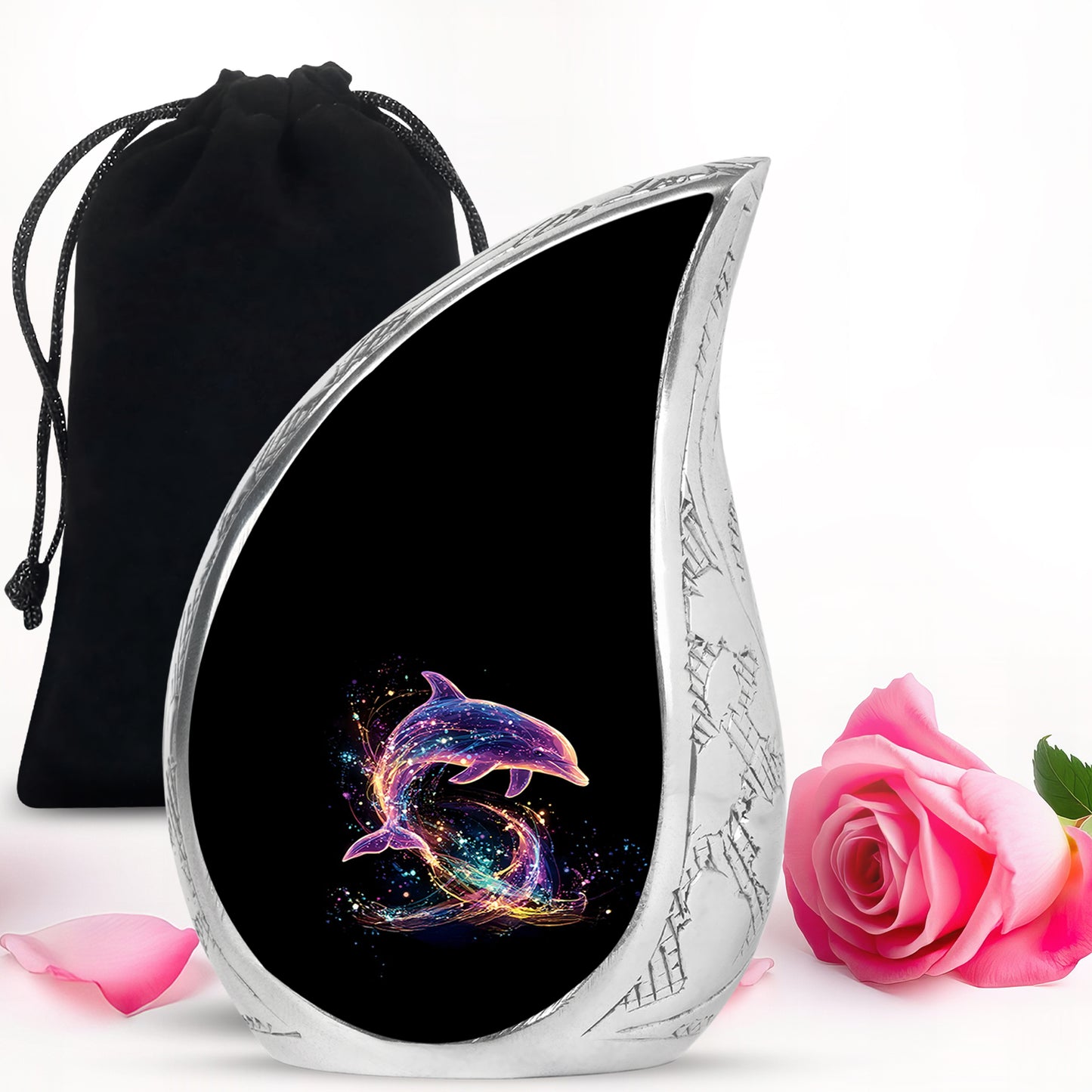 Rich Black Dolphin Cremation Urn front view showing detailed design - rounded teardrop dolphin design with delicate detail - full-size 10 inch 200 cubic inch adult cremation urn