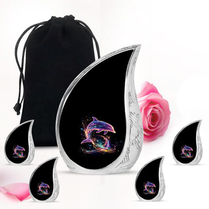 Rich Black Dolphin Cremation Urn side profile showing urn shape - rounded teardrop dolphin design with delicate detail - memorial set with one large and four small urns