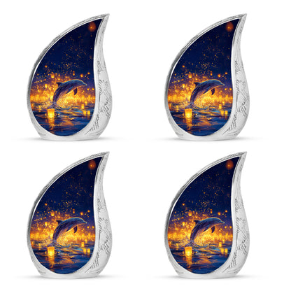 Calming Blue Dolphin Cremation Urn close-up of engraving and surface detail - graceful tear-shaped urn with dolphin motif - 10 inch aluminum urn for cremated remains