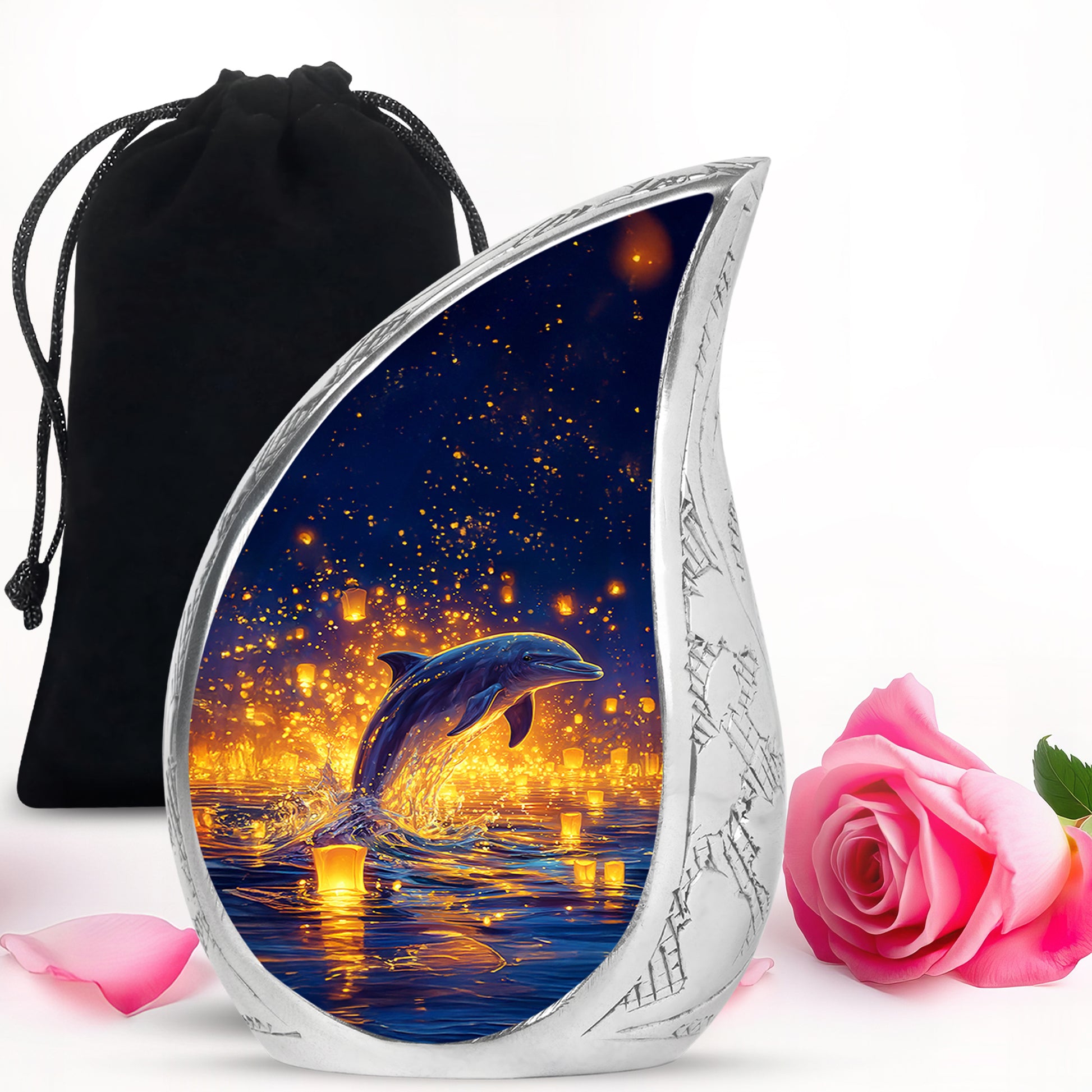 Calming Blue Dolphin Cremation Urn front view showing detailed design - graceful tear-shaped urn with dolphin motif - full-size 10 inch 200 cubic inch adult cremation urn