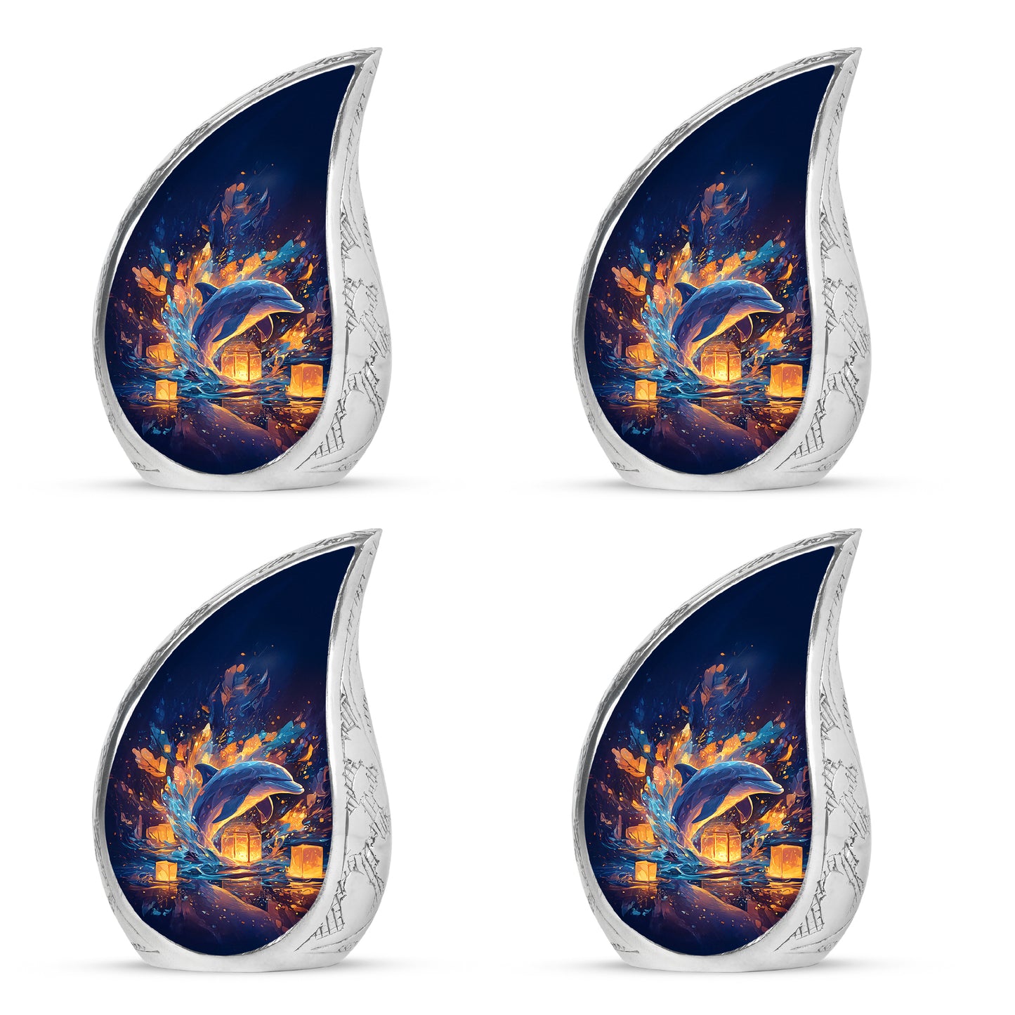 Indigo Dolphin Cremation Urn close-up of engraving and surface detail - rounded teardrop dolphin design with delicate detail - 10 inch aluminum urn for cremated remains