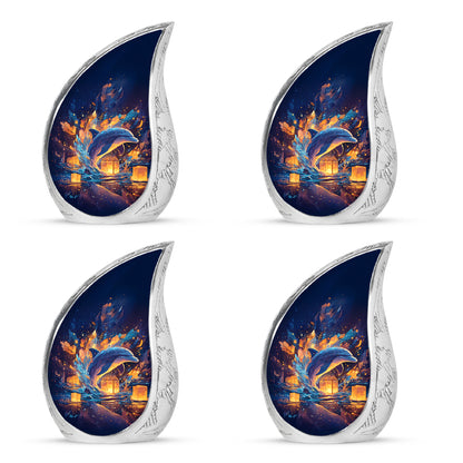 Indigo Dolphin Cremation Urn close-up of engraving and surface detail - rounded teardrop dolphin design with delicate detail - 10 inch aluminum urn for cremated remains