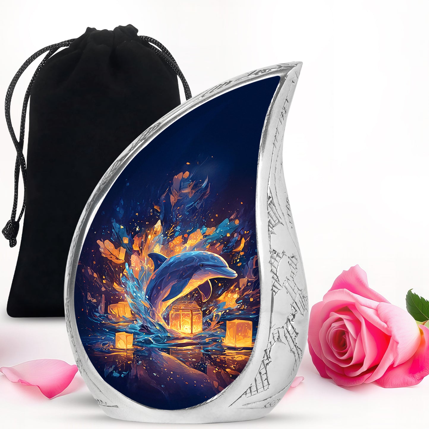 Celestial Blue Dolphin Cremation Urn front view showing detailed design - rounded teardrop dolphin design with delicate detail - full-size 10 inch 200 cubic inch adult cremation urn