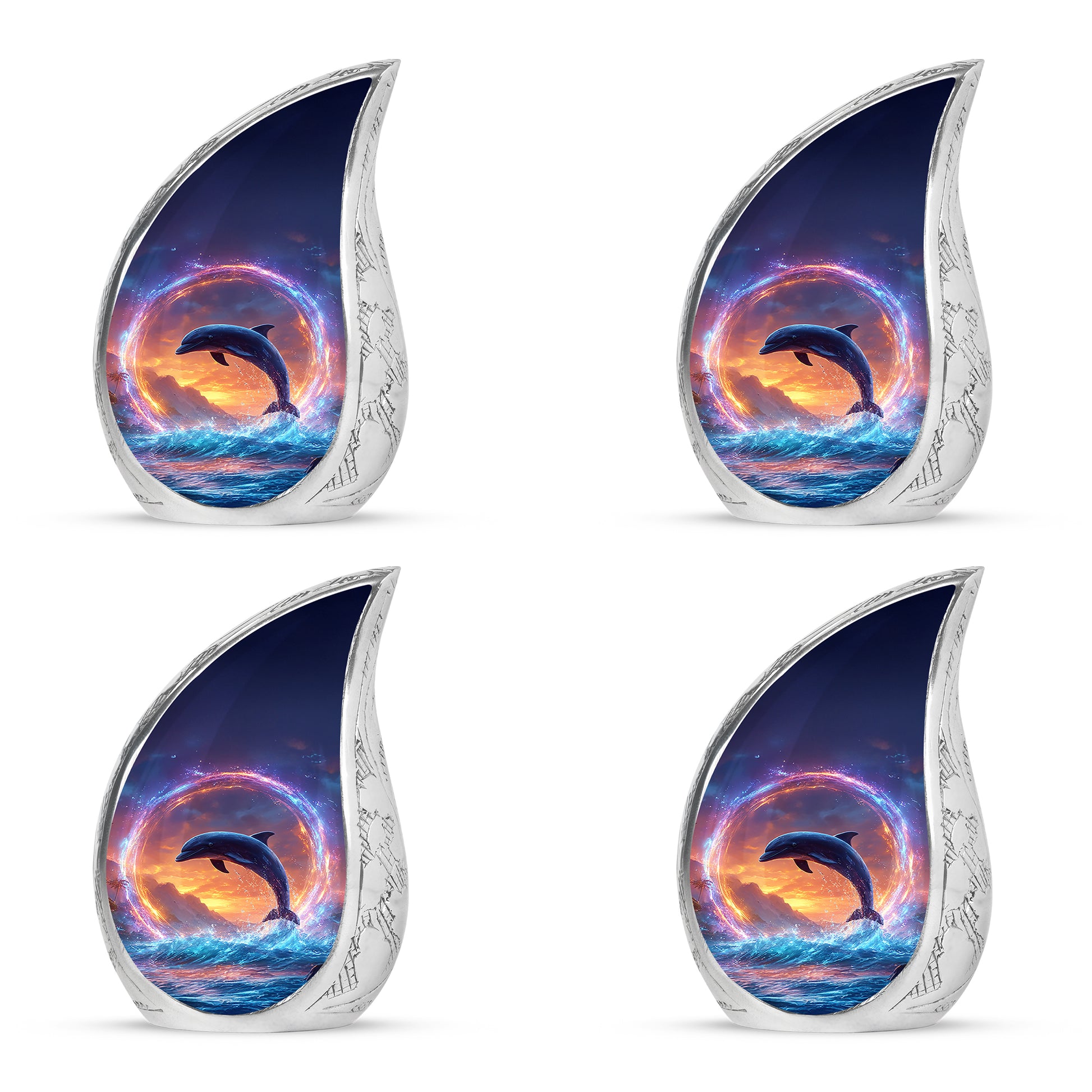 Bright Blue Dolphin Cremation Urn close-up of engraving and surface detail - smooth teardrop contour featuring dolphin art - 10 inch aluminum urn for cremated remains