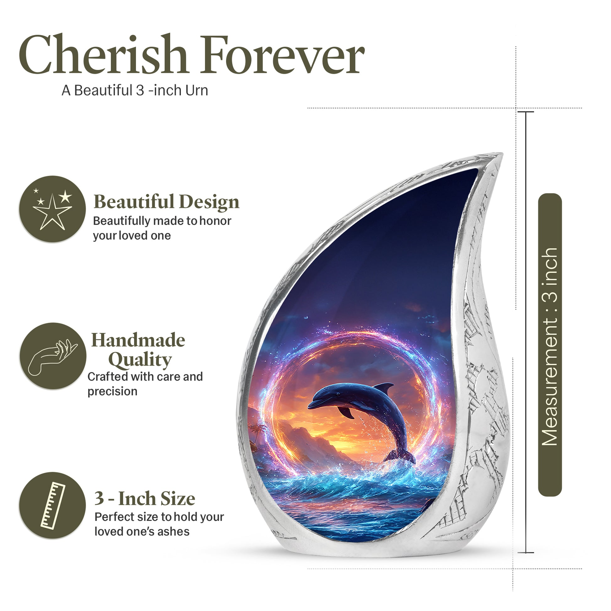 Powder Blue Dolphin Cremation Urn angled view of lid and engraved motif - rounded teardrop dolphin design with delicate detail - mini keepsake memorial for portion of cremation ashes