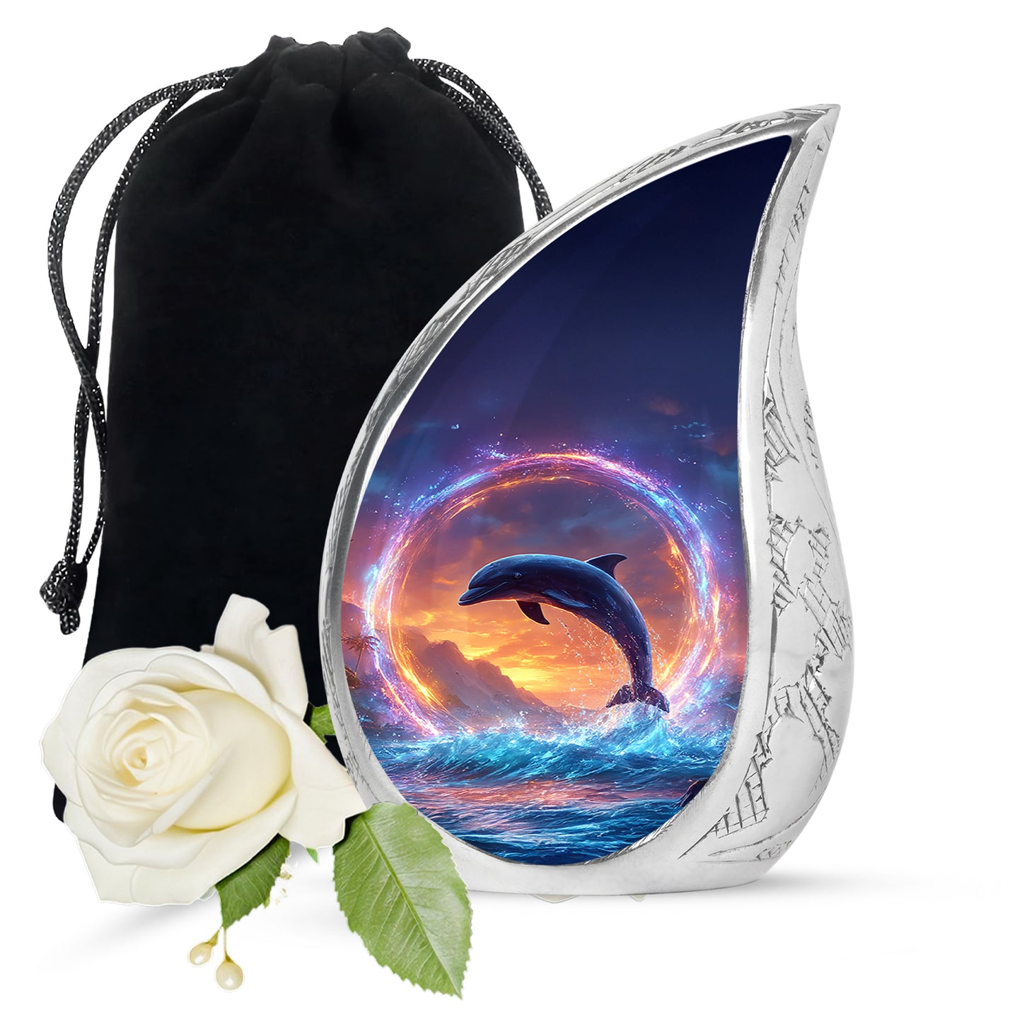 Cornflower Blue Dolphin Cremation Urn front view showing detailed design - smooth teardrop contour featuring dolphin art - full-size 10 inch 200 cubic inch adult cremation urn