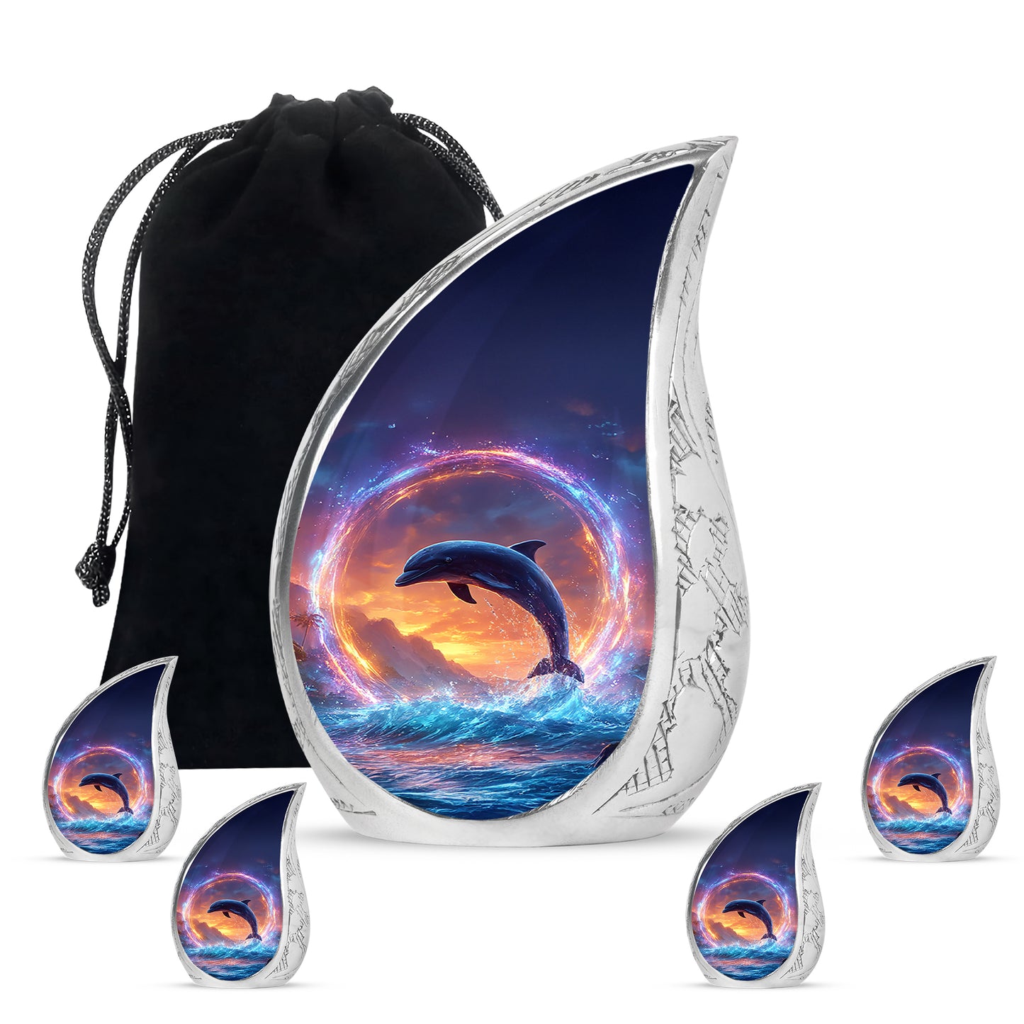 Azure Dolphin Cremation Urn side profile showing urn shape - rounded teardrop dolphin design with delicate detail - memorial set with one large and four small urns