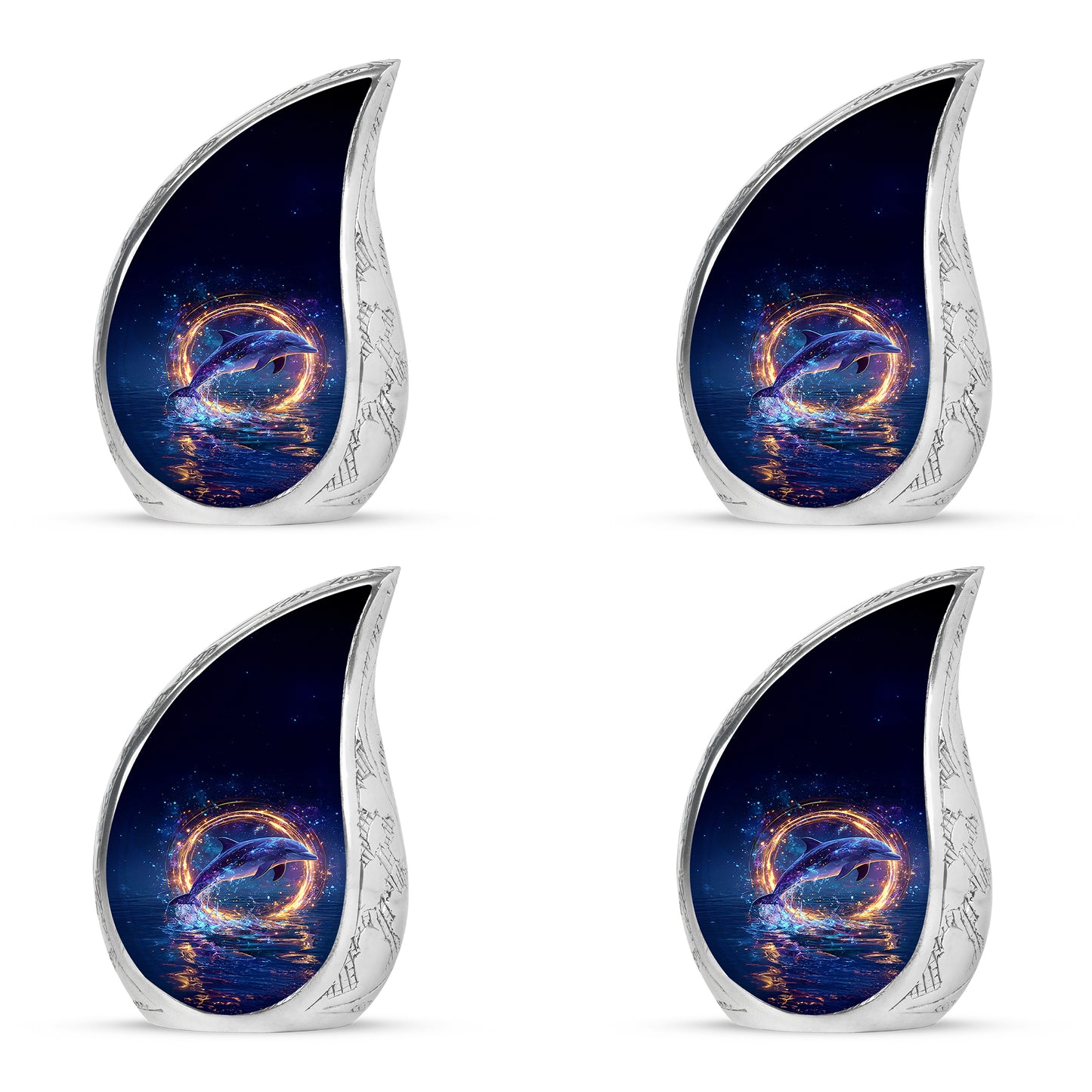 Dusty Blue Dolphin Cremation Urn close-up of engraving and surface detail - rounded teardrop dolphin design with delicate detail - 10 inch aluminum urn for cremated remains