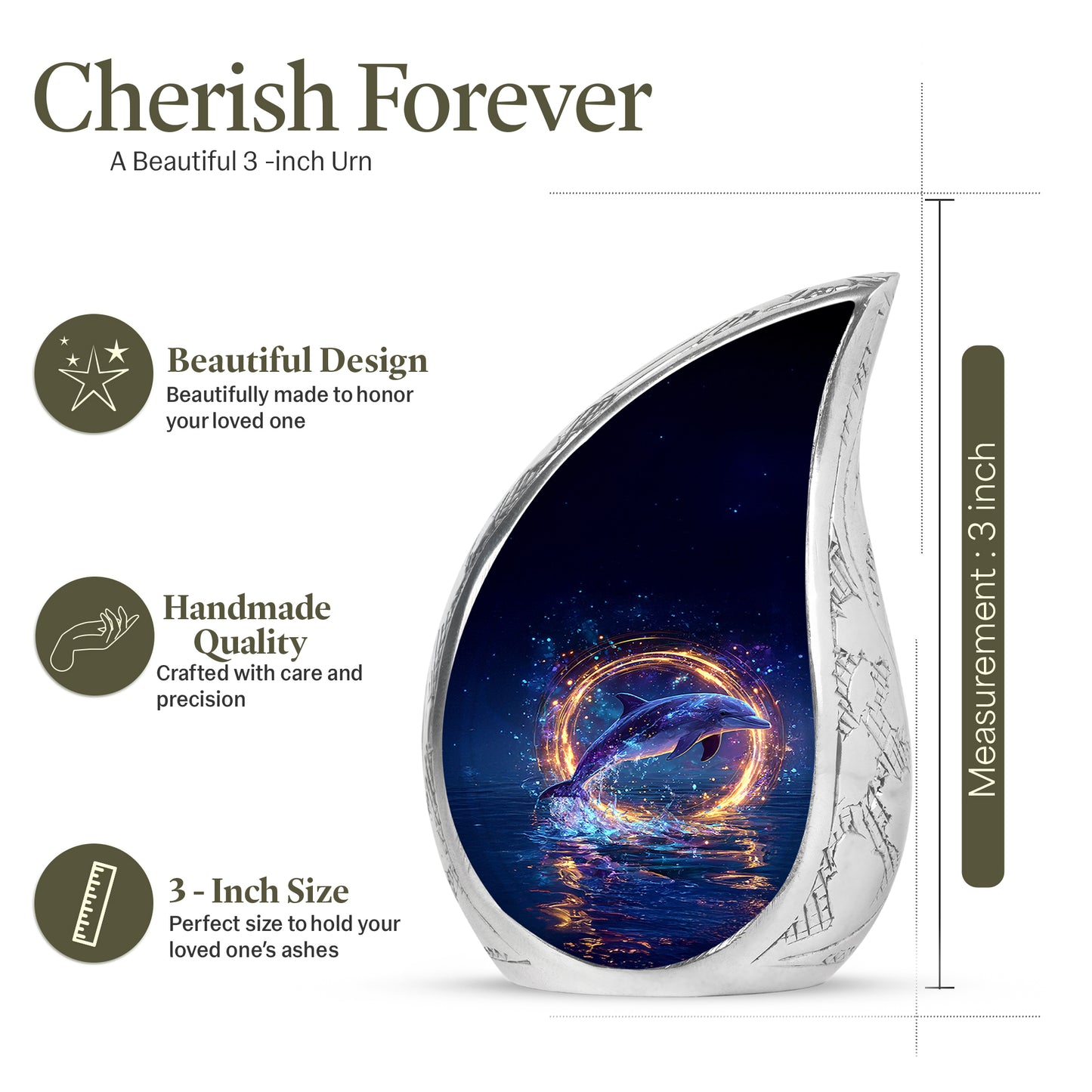 Twilight Blue Dolphin Cremation Urn angled view of lid and engraved motif - smooth teardrop contour featuring dolphin art - mini keepsake memorial for portion of cremation ashes