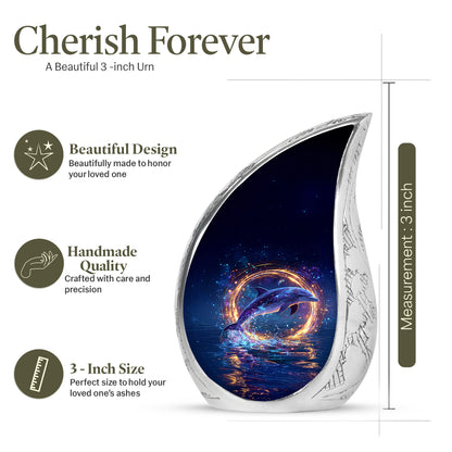 Twilight Blue Dolphin Cremation Urn angled view of lid and engraved motif - smooth teardrop contour featuring dolphin art - mini keepsake memorial for portion of cremation ashes
