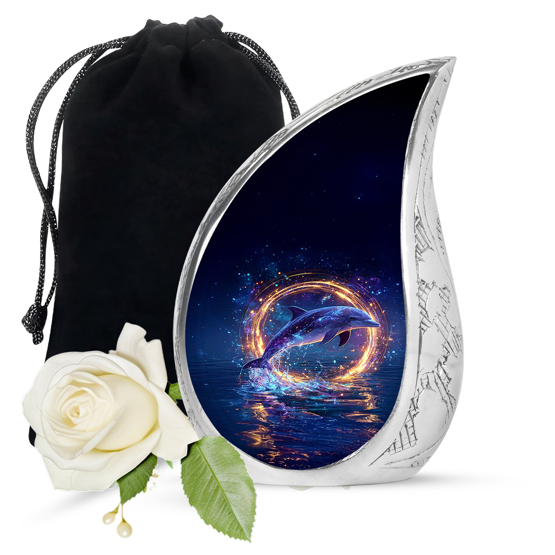Cobalt Blue Dolphin Cremation Urn front view showing detailed design - smooth teardrop contour featuring dolphin art - full-size 10 inch 200 cubic inch adult cremation urn