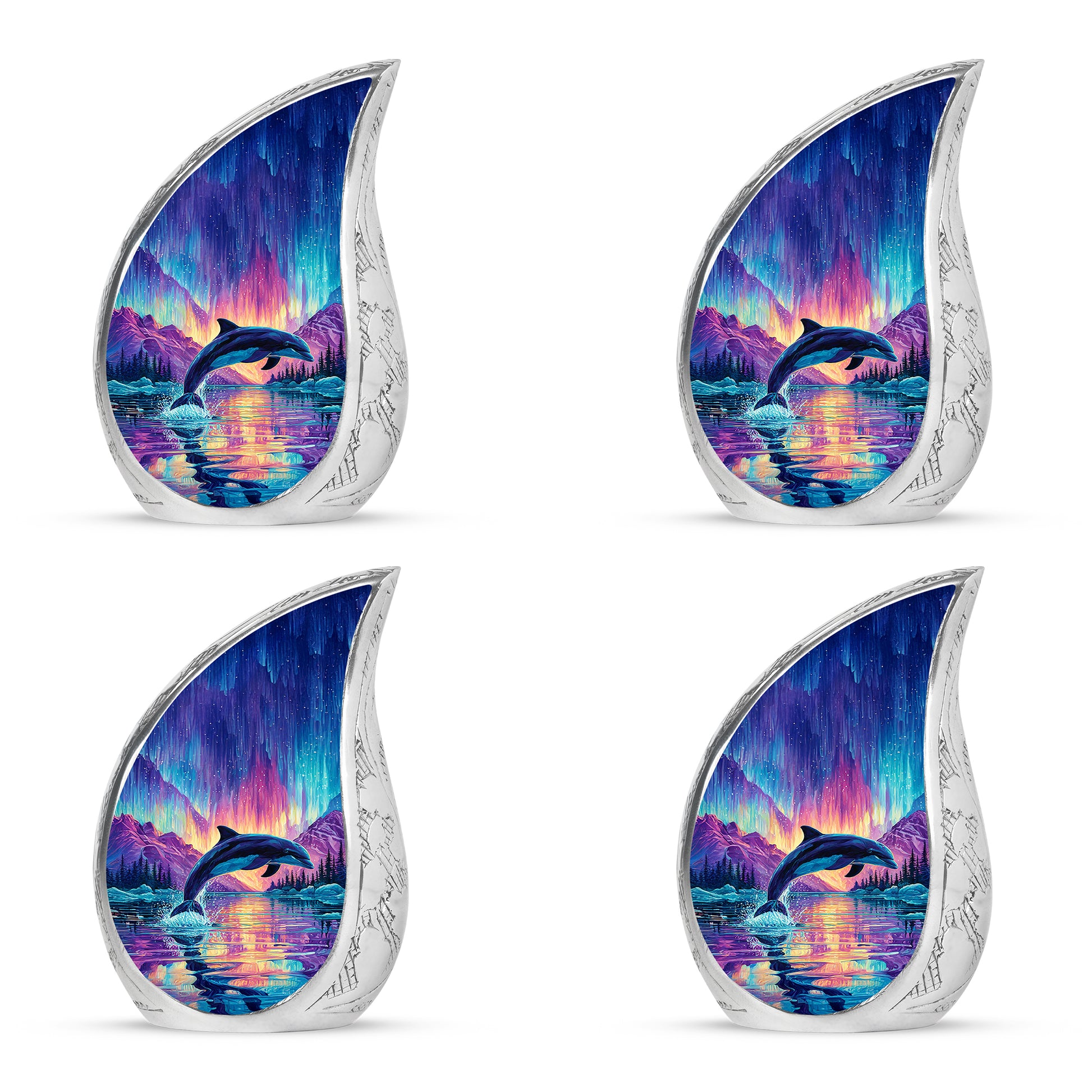 Royal Blue Dolphin Cremation Urn close-up of engraving and surface detail - graceful tear-shaped urn with dolphin motif - 10 inch aluminum urn for cremated remains