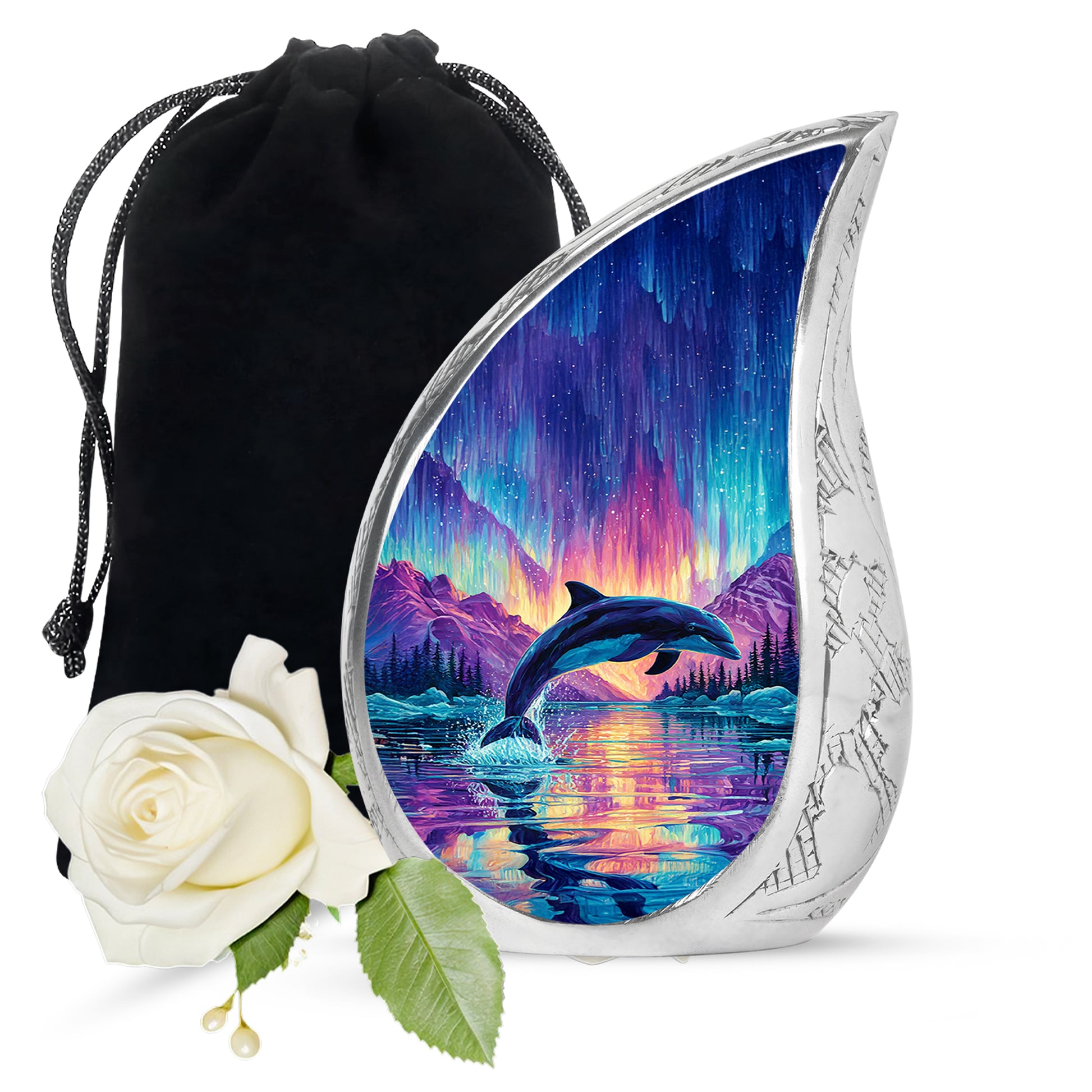 Icy Blue Dolphin Cremation Urn front view showing detailed design - rounded teardrop dolphin design with delicate detail - full-size 10 inch 200 cubic inch adult cremation urn