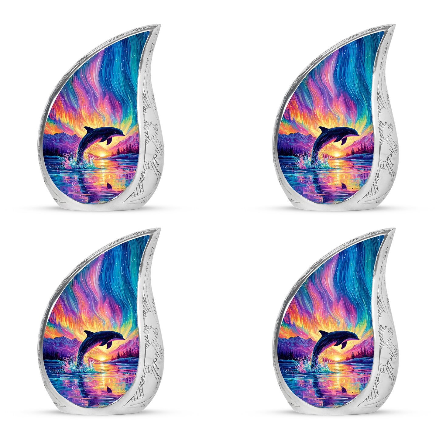 Majestic Purple Dolphin Cremation Urn close-up of engraving and surface detail - flowing teardrop dolphin silhouette on curved aluminum - 10 inch aluminum urn for cremated remains