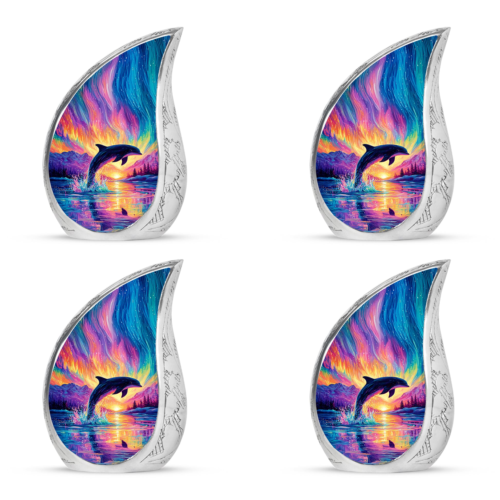Majestic Purple Dolphin Cremation Urn close-up of engraving and surface detail - flowing teardrop dolphin silhouette on curved aluminum - 10 inch aluminum urn for cremated remains