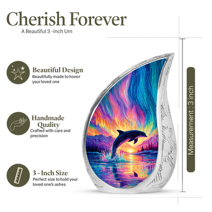 Plum Purple Dolphin Cremation Urn angled view of lid and engraved motif - flowing teardrop dolphin silhouette on curved aluminum - mini keepsake memorial for portion of cremation ashes