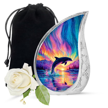 Twilight Purple Dolphin Cremation Urn front view showing detailed design - graceful tear-shaped urn with dolphin motif - full-size 10 inch 200 cubic inch adult cremation urn