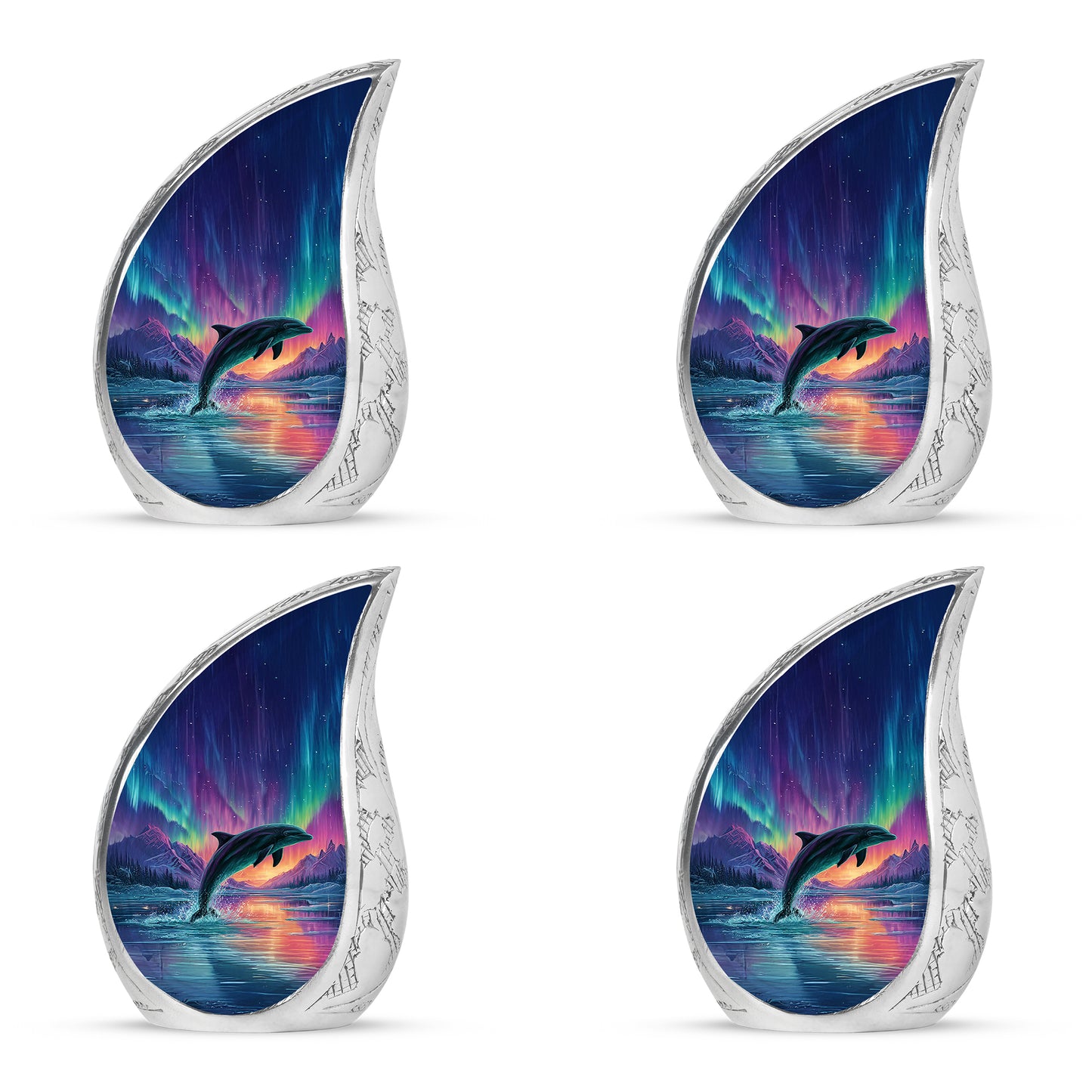Misty Blue Dolphin Cremation Urn close-up of engraving and surface detail - rounded teardrop dolphin design with delicate detail - 10 inch aluminum urn for cremated remains