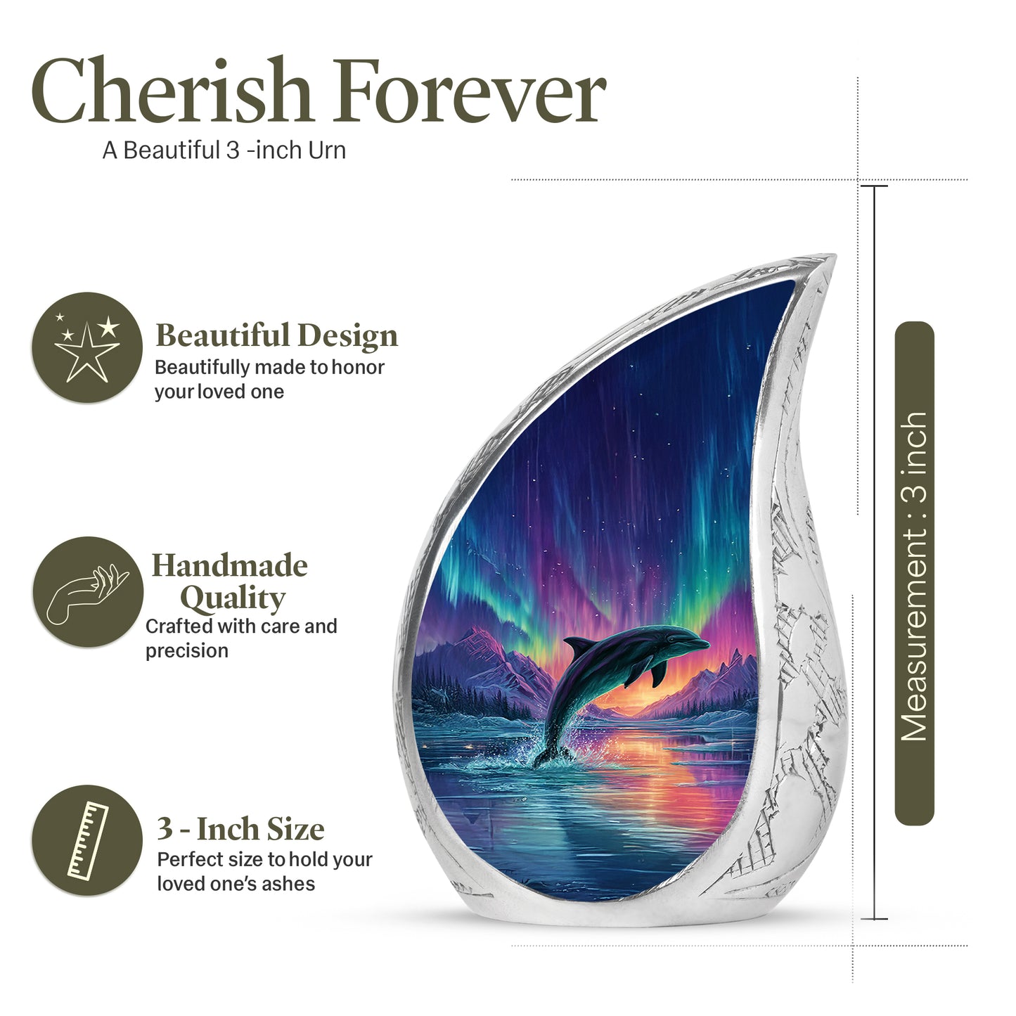 Dusty Blue Dolphin Cremation Urn angled view of lid and engraved motif - flowing teardrop dolphin silhouette on curved aluminum - mini keepsake memorial for portion of cremation ashes