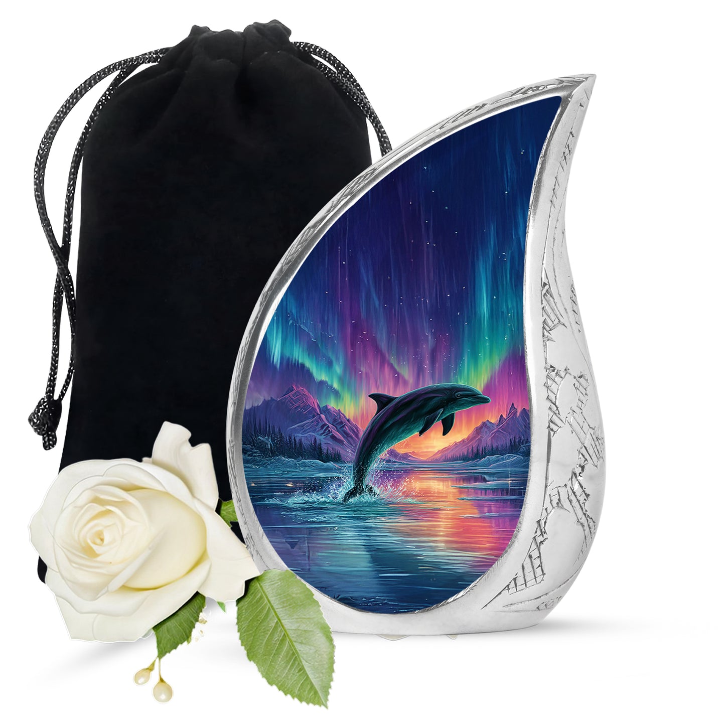 Royal Blue Dolphin Cremation Urn front view showing detailed design - graceful tear-shaped urn with dolphin motif - full-size 10 inch 200 cubic inch adult cremation urn
