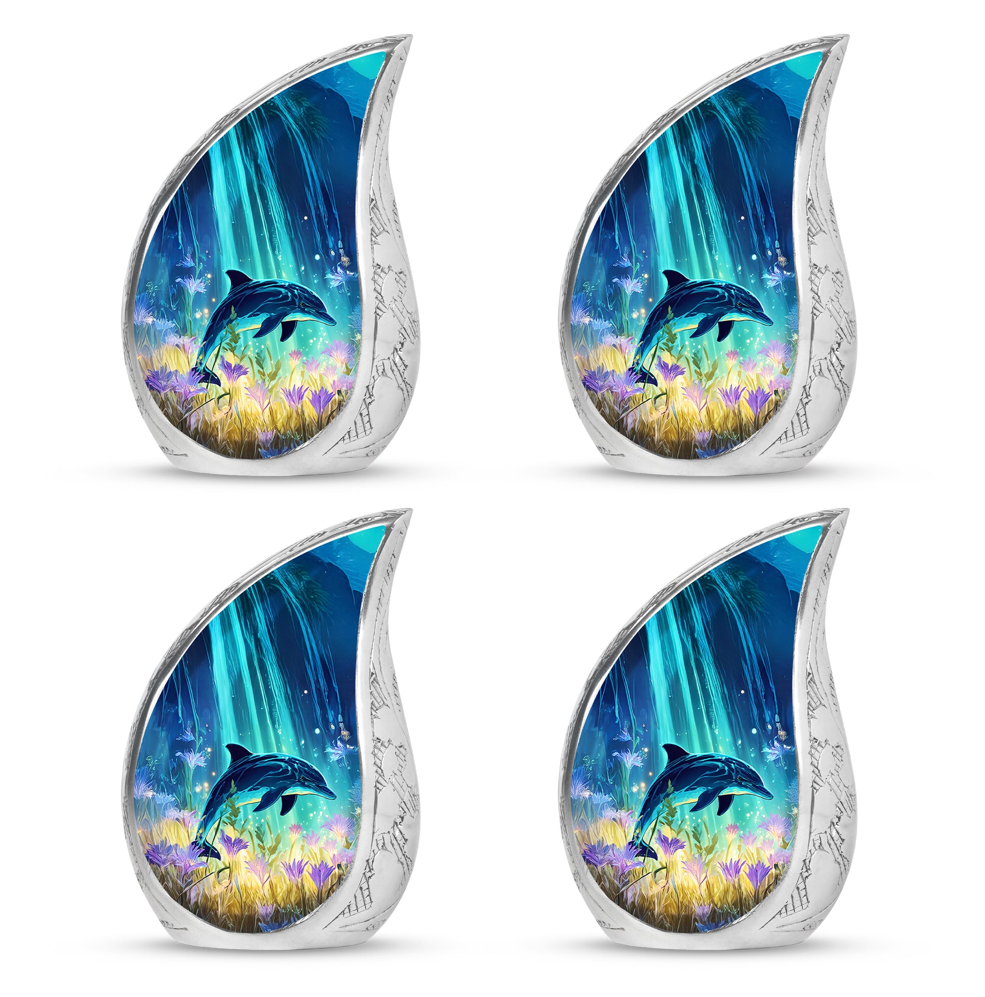 Dusty Blue Dolphin Cremation Urn close-up of engraving and surface detail - rounded teardrop dolphin design with delicate detail - 10 inch aluminum urn for cremated remains