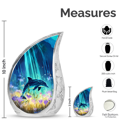 Azure Dolphin Cremation Urn angled view of lid and engraved motif - flowing teardrop dolphin silhouette on curved aluminum - mini keepsake memorial for portion of cremation ashes