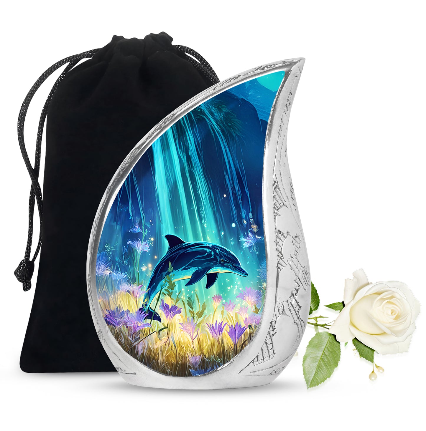 Twilight Blue Dolphin Cremation Urn front view showing detailed design - smooth teardrop contour featuring dolphin art - full-size 10 inch 200 cubic inch adult cremation urn