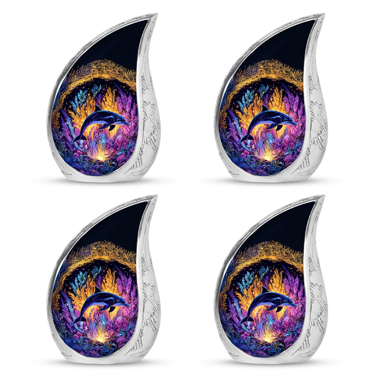 Antique Gold Dolphin Cremation Urn close-up of engraving and surface detail - flowing teardrop dolphin silhouette on curved aluminum - 10 inch aluminum urn for cremated remains