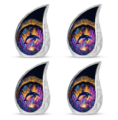 Antique Gold Dolphin Cremation Urn close-up of engraving and surface detail - flowing teardrop dolphin silhouette on curved aluminum - 10 inch aluminum urn for cremated remains