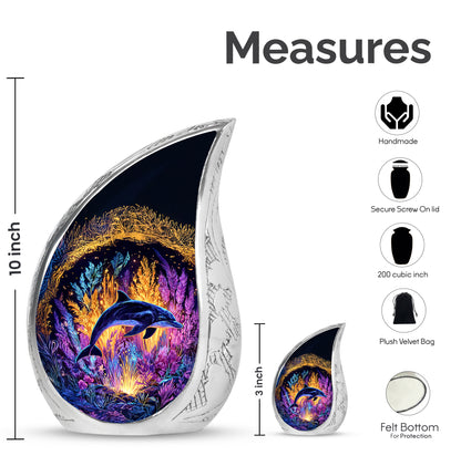 Royal Gold Dolphin Cremation Urn angled view of lid and engraved motif - graceful tear-shaped urn with dolphin motif - mini keepsake memorial for portion of cremation ashes