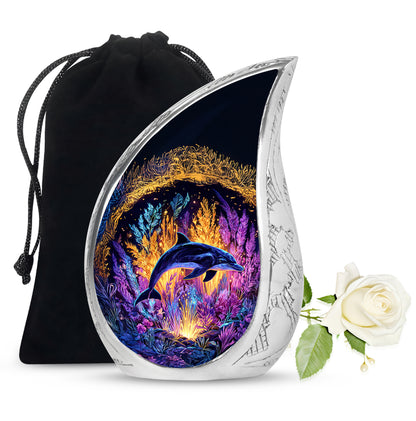 Sunrise Gold Dolphin Cremation Urn front view showing detailed design - flowing teardrop dolphin silhouette on curved aluminum - full-size 10 inch 200 cubic inch adult cremation urn