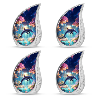 Majestic Purple Dolphin Cremation Urn close-up of engraving and surface detail - flowing teardrop dolphin silhouette on curved aluminum - 10 inch aluminum urn for cremated remains