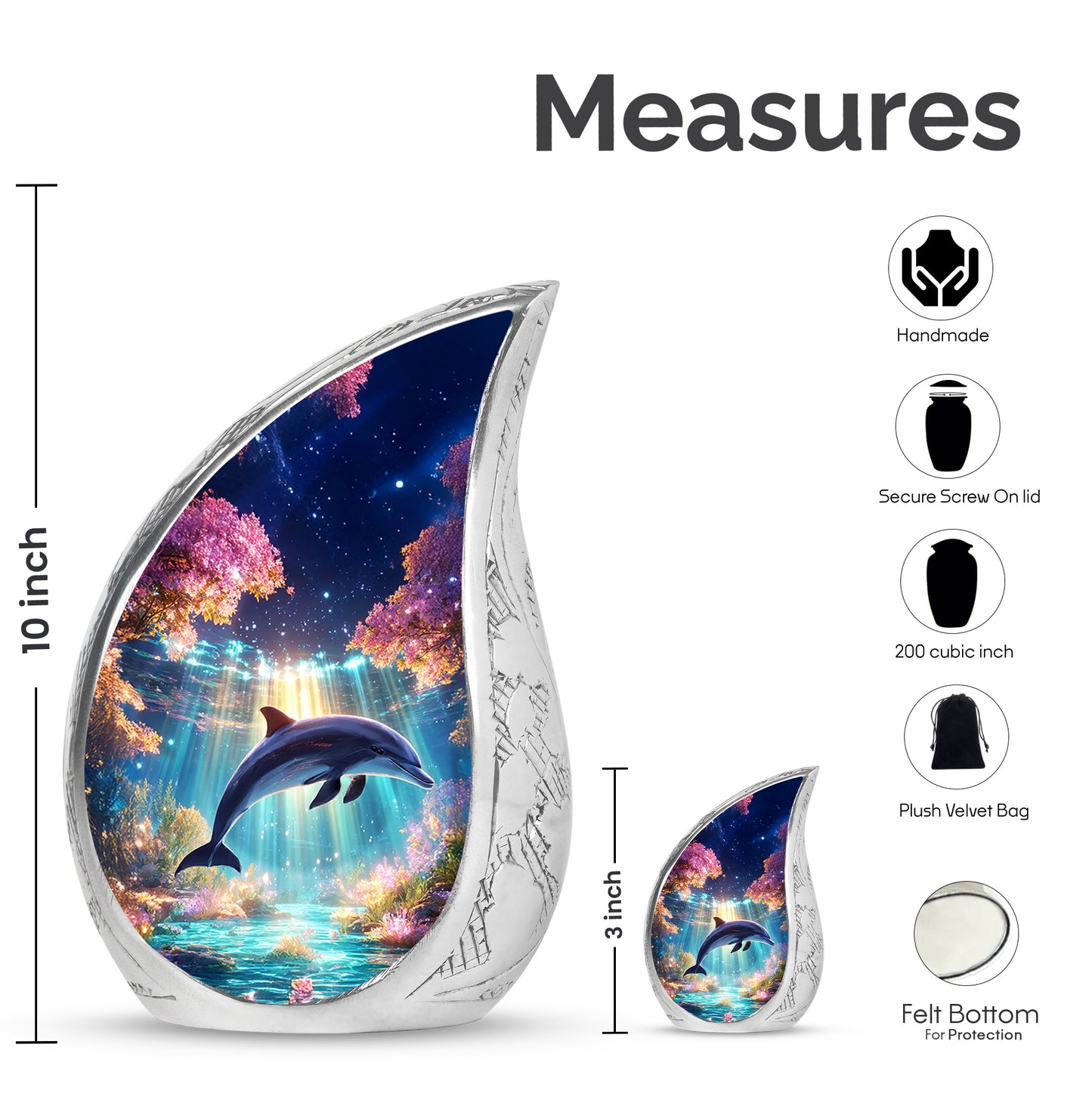 Amethyst Purple Dolphin Cremation Urn angled view of lid and engraved motif - rounded teardrop dolphin design with delicate detail - mini keepsake memorial for portion of cremation ashes