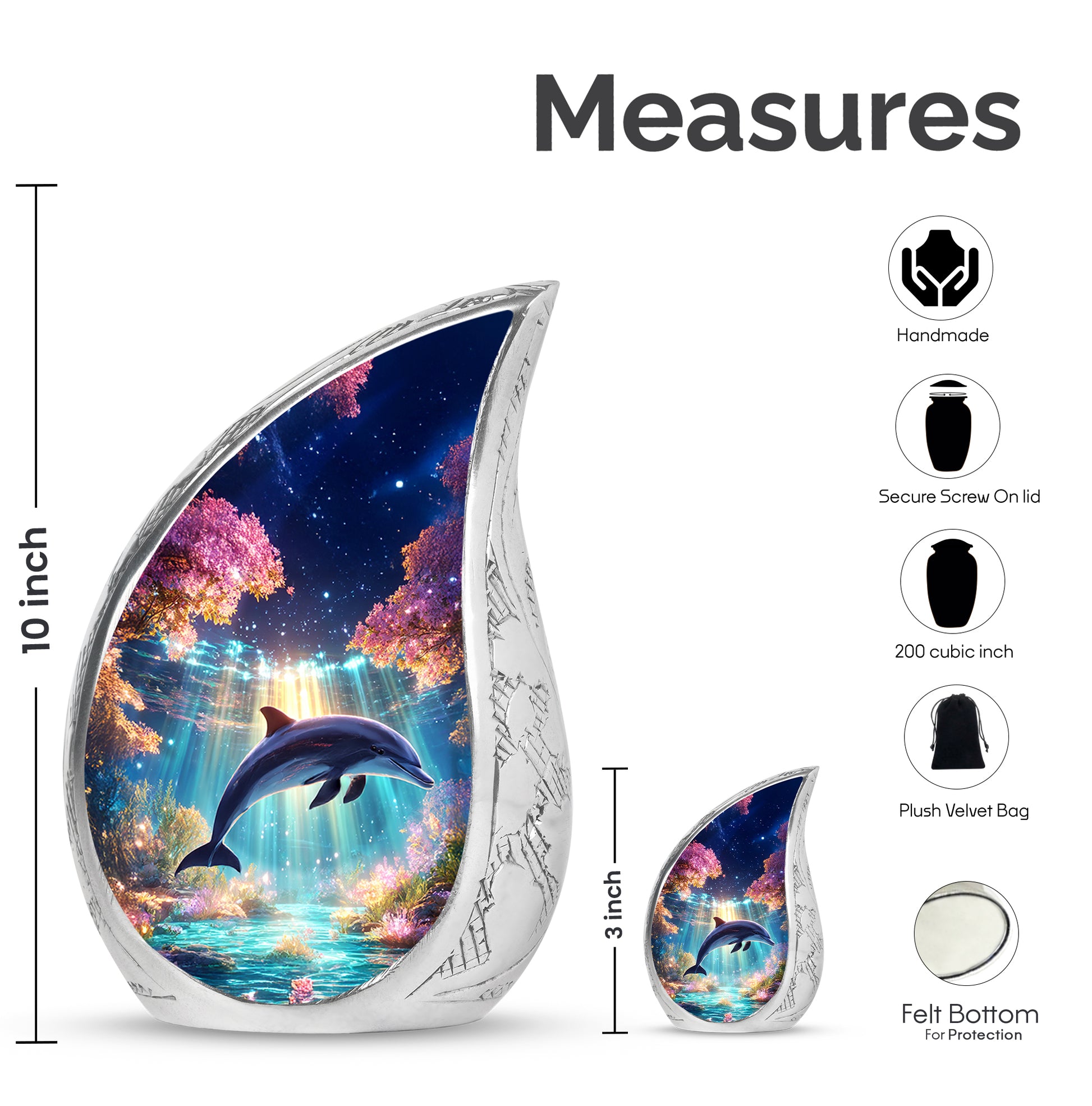 Amethyst Purple Dolphin Cremation Urn angled view of lid and engraved motif - rounded teardrop dolphin design with delicate detail - mini keepsake memorial for portion of cremation ashes