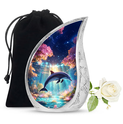 Deep Purple Dolphin Cremation Urn front view showing detailed design - flowing teardrop dolphin silhouette on curved aluminum - full-size 10 inch 200 cubic inch adult cremation urn