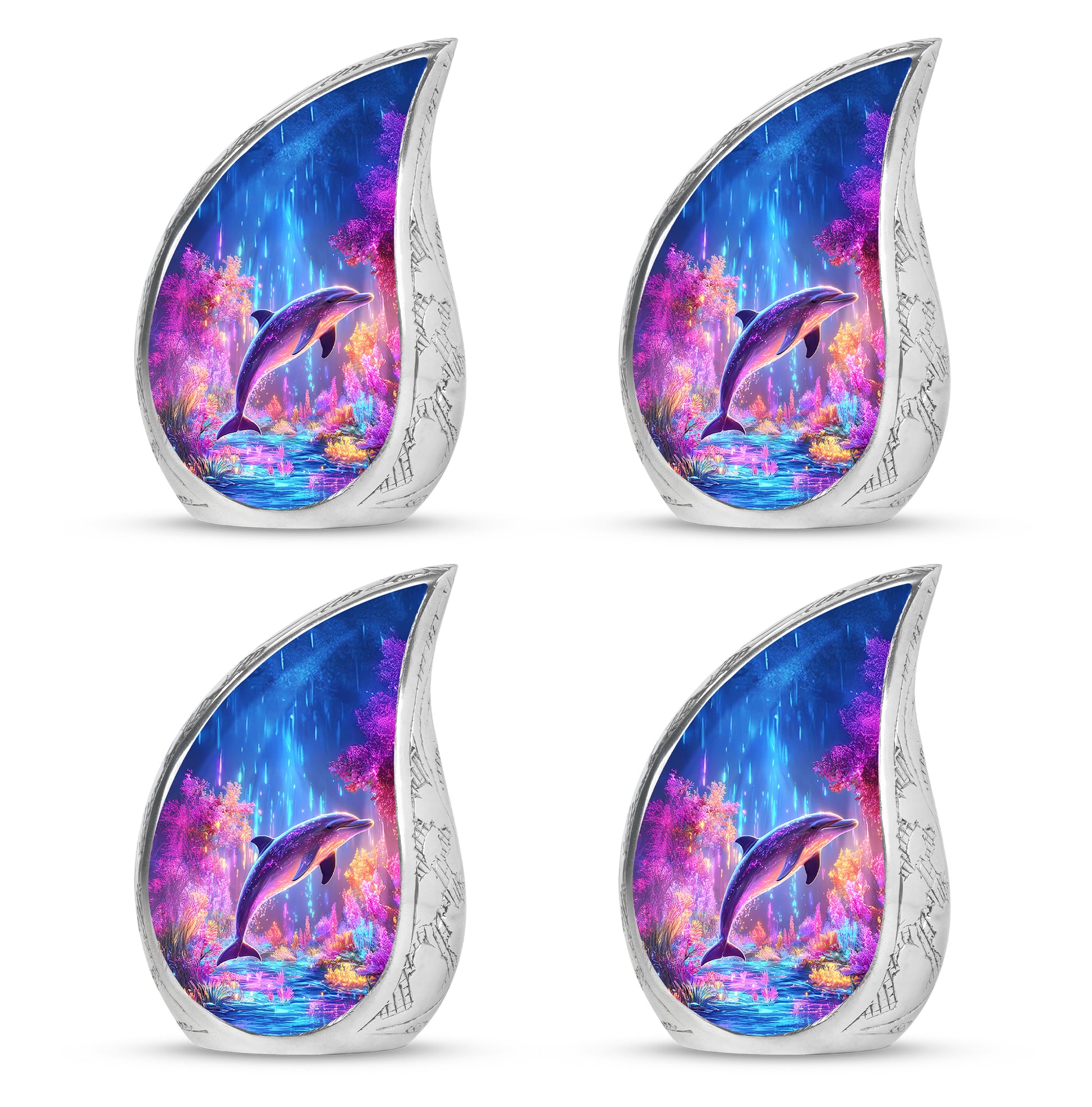 Indigo Dolphin Cremation Urn close-up of engraving and surface detail - rounded teardrop dolphin design with delicate detail - 10 inch aluminum urn for cremated remains